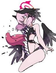 Rule 34 | 1girl, angel wings, bare legs, bikini, black bikini, black bow, black wings, blue archive, body horror, bow, double halo, dr yamero, eldritch abomination, extra mouth, floral print, front-tie swimsuit, hair between eyes, hair bow, halo, head wings, highres, koharu (blue archive), koharu (swimsuit) (blue archive), long hair, long tongue, low twintails, low wings, pink hair, pink halo, sharp teeth, slit pupils, solo, spaghetti strap, swimsuit, teeth, tongue, twintails, white background, winged halo, wings