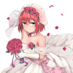 Rule 34 | 1girl, bare shoulders, bouquet, breasts, cleavage, dress, flower, green eyes, hatori chise, highres, looking at viewer, mahou tsukai no yome, red hair, rose, short hair, simple background, standing, wedding dress, white background