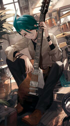 Rule 34 | 00kashian00, 1girl, absurdres, ahoge, black nails, black pants, bright pupils, brown footwear, closed mouth, collared shirt, commentary request, creatures (company), cymbals, drum, earrings, electric guitar, game freak, green hair, guitar, highres, holding, holding instrument, indoors, instrument, jewelry, long hair, nail polish, nintendo, pants, plant, pokemon, pokemon sv, red eyes, rika (pokemon), shirt, shoes, sitting, smile, undershirt, white pupils