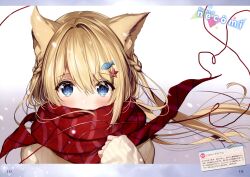 Rule 34 | 1girl, animal ears, artist name, blonde hair, blue eyes, blush, cat ears, gradient background, mouthless, necomi, numbered, original, scarf, simple background, sweater, winter clothes