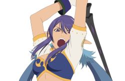 Rule 34 | 00s, 1girl, alfa system, arms up, blue hair, breasts, female focus, gloves, judith (tales), lance, long hair, midriff, official art, open mouth, pointy ears, polearm, purple eyes, simple background, solo, spear, tales of (series), tales of the world radiant mythology 3, tales of vesperia, weapon, white background