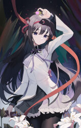 Rule 34 | 1girl, absurdres, akemi homura, arm up, between fingers, black hair, black pantyhose, black skirt, capelet, chinese commentary, collared capelet, commentary, cowboy shot, expressionless, floating hair, flower, hair ribbon, hairband, highres, holding, jacket, lily (flower), long hair, long sleeves, looking at viewer, mahou shoujo madoka magica, mahou shoujo madoka magica (anime), neck ribbon, pantyhose, purple capelet, red hairband, red ribbon, ribbon, skirt, sky, solo, soul gem, standing, star (sky), starry sky, two-tone skirt, white flower, white jacket, white skirt, xinjinjumin8456216