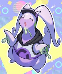 Rule 34 | :o, blush, closed eyes, clothed pokemon, commentary request, creatures (company), full body, game freak, gen 6 pokemon, goodra, head back, hood, hooded vest, hoodie, miyoshi (miyoshi sikb), nintendo, no humans, open mouth, outline, pokemon, pokemon (creature), pokemon unite, slime (substance), solo, vest