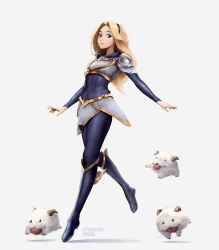 Rule 34 | 1girl, armor, artstation username, blonde hair, blue eyes, bodysuit, boots, breastplate, cheesewoo, faulds, full body, hairband, highres, jumping, league of legends, lips, looking at viewer, lux (league of legends), open hands, poro (league of legends), shadow, shoulder armor, simple background, skipping, standing, standing on one leg, white background, winged footwear