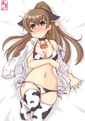 Rule 34 | 1girl, alternate costume, animal ears, animal print, artist logo, bed sheet, bell, bikini, black choker, blue eyes, blush, breasts, brown hair, choker, collarbone, collared shirt, commentary request, cow ears, cow print, cowbell, dated, dress shirt, highres, kanon (kurogane knights), kantai collection, kumano (kancolle), long hair, long sleeves, looking at viewer, lying, medium breasts, navel, neck bell, on back, open clothes, open shirt, ponytail, print bikini, print thighhighs, revision, sheet grab, shirt, solo, stomach, sweat, swimsuit, thighhighs, white shirt