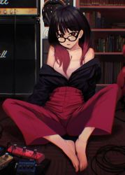 Rule 34 | 1girl, amplifier, bare shoulders, black hair, book, bookshelf, butterfly sitting, cable, character request, chromatic aberration, collarbone, copyright request, glasses, gradient hair, guitar, guitar pedal, headphones, highres, instrument, jacket, long hair, looking at viewer, multicolored hair, open mouth, pants, pink hair, red eyes, reze (rewindze), sitting, solo, speaker, stereo, unworn jacket, wire