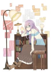 Rule 34 | 1girl, adjusting eyewear, arm support, bespectacled, black legwear, blue eyes, boots, casual, chair, crescent moon, full body, glasses, hair ornament, haya kewi, hayashi kewi, lamp, leaning forward, long hair, long skirt, moon, patchouli knowledge, purple hair, sitting, skirt, sleeves past wrists, smile, solo, sweater, touhou