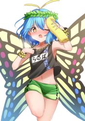 Rule 34 | 1girl, antennae, aqua hair, blush, butterfly wings, collarbone, eternity larva, fairy, green shorts, hair between eyes, head wreath, highres, holding, holding towel, insect wings, name tag, navel, official alternate costume, one eye closed, open mouth, short hair, shorts, simple background, solo, touhou, touhou lostword, towel, white background, wings, wrist cuffs, yellow eyes, yu cha
