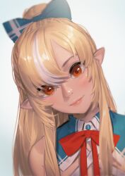Rule 34 | 1girl, absurdres, bare shoulders, blonde hair, blue bow, bow, bowtie, commentary, grey background, hair between eyes, hair bow, head tilt, highres, hololive, light blush, long hair, looking at viewer, multicolored hair, orange eyes, pointy ears, ponytail, portrait, red bow, red bowtie, shiranui flare, shiranui flare (1st costume), simple background, smile, solo, streaked hair, takami masahiro, two-tone hair, virtual youtuber, white hair