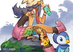 Rule 34 | 1girl, artist name, bare shoulders, blue eyes, blue hair, boots, bulbasaur, charmander, creatures (company), dawn (pokemon), diglett, drinking, food, game freak, gen 1 pokemon, gen 3 pokemon, gen 4 pokemon, gen 7 pokemon, hair ornament, headwear request, highres, leg tattoo, long hair, looking away, looking to the side, mask, meme, mimikyu, mouth mask, mudkip, nintendo, onigiri, pepe the frog, philtomato, pikachu, piplup, poke ball symbol, pokemon, pokemon (creature), pokemon dppt, shoulder tattoo, simple background, sitting, skirt, sky, tattoo