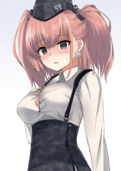 Rule 34 | 1girl, atlanta (kancolle), black skirt, blush, breasts, brown hair, earrings, garrison cap, gradient background, grey eyes, hair ornament, hat, high-waist skirt, highres, jewelry, kantai collection, large breasts, long hair, long sleeves, looking at viewer, open mouth, rokosu (isibasi403), shirt, skirt, solo, star (symbol), star earrings, suspender skirt, suspenders, two side up, white shirt