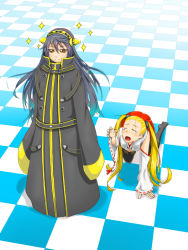 Rule 34 | &gt;:), 2girls, all fours, aoki hagane no arpeggio, bare shoulders, black hair, blonde hair, blush, brown eyes, checkered floor, coat, unworn coat, cosplay, costume switch, crossover, detached sleeves, closed eyes, floor, hairband, haruna (aoki hagane no arpeggio), haruna (aoki hagane no arpeggio) (cosplay), haruna (kancolle), haruna (kancolle) (cosplay), japanese clothes, kantai collection, long hair, multiple girls, name connection, nukonu-ko, open mouth, personification, ribbon-trimmed sleeves, ribbon trim, skirt, smile, sparkle, tears, thighhighs, twintails, v-shaped eyebrows