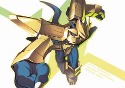 Rule 34 | armor, character name, charging forward, clenched hands, degarashi (ponkotsu), digimon, digimon (creature), english text, helmet, horns, looking at viewer, magnamon, no humans, red eyes, science fiction