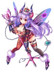 Rule 34 | 1girl, :p, asymmetrical legwear, bat wings, beelzebub (kamihime), belt, belt buckle, bow, braid, breasts, buckle, choker, cleavage, crown, demon girl, demon horns, front braid, full body, fur trim, garter straps, gloves, hair bow, heart, horns, huge breasts, insect wings, jacket, kamihime project r, leaning forward, long hair, long sleeves, looking at viewer, microphone, microphone stand, open clothes, open jacket, ornate clothing, purple hair, side braid, skull and crossbones, smile, solo, standing, thighhighs, tongue, tongue out, twin braids, uneven legwear, very long hair, wings, yellow eyes