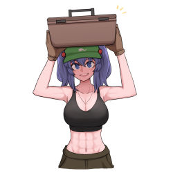 Rule 34 | 1girl, abs, arms up, black tank top, blue eyes, blue hair, breasts, cleavage, collarbone, commentary, english commentary, flat cap, gloves, green hat, hair bobbles, hair ornament, hat, highres, kawashiro nitori, looking at viewer, mata (matasoup), midriff, notice lines, open mouth, shade, smile, solo, string, tank top, toolbox, touhou, two side up