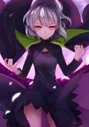 Rule 34 | 1girl, backlighting, black dress, breasts, cape, closed mouth, cowboy shot, darker than black, dress, expressionless, full moon, kyuri tizu, long sleeves, looking at viewer, moon, red eyes, signature, silver hair, small breasts, solo, wind, yin (darker than black)
