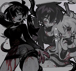 2girls :o absurdres black_hair blood blood_on_face blood_on_hands blood_on_leg blush breasts cleavage_cutout clothing_cutout colored_skin cowboy_shot dark_konoha furrowed_brow genderswap genderswap_(mtf) grey_skin gun hair_between_eyes heart highres kagerou_project konoha_(kagerou_project) large_breasts limited_palette long_sleeves looking_at_viewer looking_down miniskirt multiple_girls multiple_views pink_eyes raised_eyebrows scales sharp_teeth skirt smile snake_tail sweater tail teeth thick_eyelashes tonkatsu184 twintails weapon white_hair