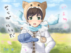 Rule 34 | 1boy, blush, breath, brown hair, child, cold, gloves, green eyes, hat, highres, male focus, nature, open mouth, original, outdoors, rod (artist), scarf, short hair, sky, solo