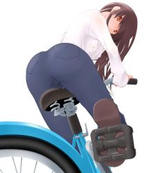 Rule 34 | 1girl, ass, bicycle, brown hair, denim, female focus, impossible clothes, jeans, long hair, looking back, miito shido, pants, red eyes, simple background, solo