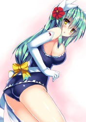 Rule 34 | 1girl, blue one-piece swimsuit, blush, breasts, commentary request, elbow gloves, fate/grand order, fate (series), flower, gloves, green hair, hair between eyes, hair flower, hair ornament, hair ribbon, kiyohime (fate), kiyohime (swimsuit lancer) (second ascension) (fate), long hair, looking at viewer, one-piece swimsuit, ribbon, ryokushiki (midori-ya), school swimsuit, sideboob, simple background, solo, swimsuit, white gloves, yellow eyes, yellow ribbon