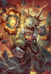 Rule 34 | 1boy, air current, alternate eye color, artist logo, artist name, artstation username, baggy pants, bakugou katsuki, bare shoulders, belt, black footwear, black mask, black pants, black tank top, blonde hair, boku no hero academia, boots, collarbone, colored shoe soles, combat boots, commentary, explosion, explosive, eye mask, floating hair, floating rock, foreshortening, fori, full body, gloves, glowing, glowing eyes, glowing hand, green gloves, grenade, hair between eyes, hand up, headgear, incoming attack, knee boots, knee pads, knee up, leg up, looking at viewer, looking up, male focus, nose, open mouth, orange eyes, orange gloves, outstretched arms, pants, sanpaku, short hair, sleeveless, smoke, solo, spiked hair, stepping, tank top, twitter logo, twitter username, two-tone gloves, v-neck, watermark, web address, x