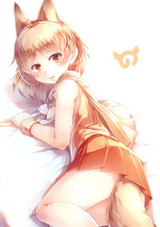 Rule 34 | 10s, 1girl, :d, absurdres, animal ears, blonde hair, blush, commentary, extra ears, fox ears, fox tail, highres, japari symbol, kanzakietc, kemono friends, looking at viewer, lying, miniskirt, open mouth, orange eyes, orange skirt, pale fox (kemono friends), pleated skirt, short hair, skirt, smile, solo, tail, wristband