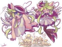 Rule 34 | 1girl, 2boys, alternate costume, animal ears, bag, blush stickers, breasts, dress, green hair, hat, heart (mad rat dead), high heel sandals, high heels, highres, hole on body, konako, mad rat, mad rat dead, mouse (animal), mouse ears, mouse girl, mouse tail, multiple boys, nippon ichi, rat god, red eyes, shopping bag, stitches, tail, top hat, wings, wrist cuffs