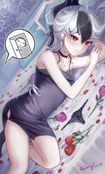 Rule 34 | 1boy, 1girl, absurdres, aviary, bare arms, bare shoulders, bed sheet, black choker, black dress, black hair, blue archive, blush, choker, closed mouth, commentary, doodle sensei (blue archive), dress, english commentary, flower, grey hair, hair ribbon, highres, horns, kayoko (blue archive), kayoko (dress) (blue archive), long hair, looking at viewer, lying, no panties, on bed, on side, panties, petals, presenting, ribbon, sensei (blue archive), sleeveless, sleeveless dress, smile, underwear