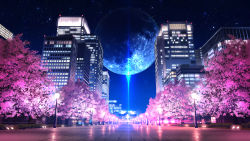 Rule 34 | building, cherry blossoms, city, cityscape, commentary request, fantasy, highres, lamppost, moon, night, night sky, no humans, original, outdoors, reflection, scenery, sky, skyscraper, smile (qd4nsvik), star (sky), starry sky, tree