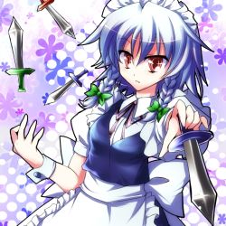 Rule 34 | 1girl, bad id, bad pixiv id, bow, braid, embodiment of scarlet devil, female focus, fuepo, gradient background, hair bow, halftone, halftone background, izayoi sakuya, knife, maid, maid headdress, red eyes, short hair, silver hair, solo, throwing knife, touhou, twin braids, weapon