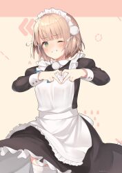 Rule 34 | 1girl, :d, alternate costume, apron, black dress, blush, dress, embarrassed, enmaided, frilled apron, frills, green eyes, grin, hair ornament, heart, heart hands, highres, indie virtual youtuber, juliet sleeves, light brown hair, long sleeves, looking at viewer, looking down, maid, maid apron, maid headdress, one eye closed, open mouth, people, pom pom (clothes), pom pom hair ornament, puffy sleeves, shigure ui (vtuber), short hair, sleeve cuffs, smile, solo, thighhighs, unusablenameaaa, virtual youtuber, white apron, white thighhighs