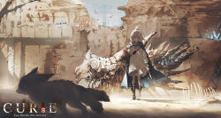 Rule 34 | 1girl, ahoge, animal, animal skull, bare tree, bird, black footwear, blue cape, bone, boots, cape, carrying, carrying under arm, chicken, commentary request, copyright name, crystal, curse: two worlds one destiny, day, desert, dress, dust, fantasy, grey eyes, hair between eyes, highres, holding, holding animal, holding knife, holding weapon, hood, hood down, hooded cape, knife, lococo:p, long sleeves, multiple tails, outdoors, pillar, ribs, silhouette, solo, tail, torn cape, torn clothes, tree, two tails, walking, weapon, white dress, white hair