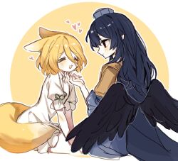 Rule 34 | 2girls, :d, animal ears, armor, bird wings, black hair, black wings, blonde hair, blue dress, blue hair, blush, dark blue hair, dress, feathered wings, flat chest, fox ears, fox tail, from side, hair between eyes, hand on another&#039;s chin, hat, heart, highres, iizunamaru megumu, kudamaki tsukasa, light smile, long hair, low wings, multiple girls, open mouth, outline, pauldrons, pointy ears, profile, shoulder armor, simple background, single pauldron, sitting, sleeves past elbows, smile, springarashi02, stroking another&#039;s chin, tail, tareme, tokin hat, touhou, white outline, white romper, wings, yuri
