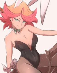 Rule 34 | 1girl, amanda o&#039;neill, artist name, breasts, cleavage, detached collar, green eyes, large breasts, leotard, little witch academia, multicolored hair, omiza somi, orange hair, playboy bunny, rabbit ears, rabbit tail, red hair, smile, solo, tagme, trigger (company), two-tone hair