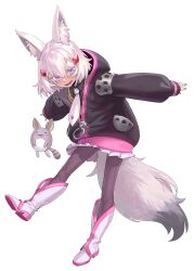 Rule 34 | 1girl, absurdres, agemmata, animal, animal ear fluff, animal ears, arched back, armor, black hoodie, black shirt, bright pupils, dress shirt, fang, fox ears, fox girl, fox tail, hair ornament, highres, hood, hoodie, looking at viewer, medium hair, necktie, open mouth, oversized clothes, pants, pauldrons, phase connect, pleated skirt, purple eyes, purple pants, self-upload, shirt, shoulder armor, skirt, standing, standing on one leg, striped clothes, striped shirt, sweater vest, tail, tenma maemi, theo (tenma maemi), thick eyebrows, virtual youtuber, white background, white footwear, white hair, white necktie, white pupils, white skirt, zipper