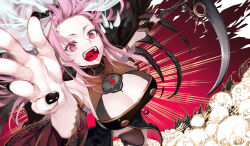 Rule 34 | 1girl, :d, babyg wong, black nails, breasts, floating cape, floating hair, happy birthday, highres, holding, holding scythe, hololive, hololive english, large breasts, long hair, looking at viewer, mori calliope, mori calliope (1st costume), open mouth, perspective, pile of skulls, pink eyes, pink hair, reaching, reaching towards viewer, red background, scythe, smile, veil, virtual youtuber