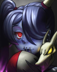 Rule 34 | 1girl, bad id, bad pixiv id, blue hair, blue skin, blush, colored skin, hair over one eye, leviathan (skullgirls), long hair, maro bee, portrait, red eyes, side ponytail, skullgirls, solo, squigly (skullgirls), stitched mouth, stitches, striped, striped sleeves, zombie