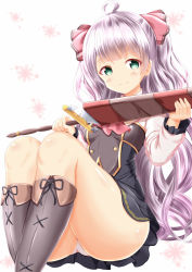 Rule 34 | 1girl, ahoge, ascot, black ribbon, black skirt, blush, boots, closed mouth, commentary request, floral background, green eyes, grey footwear, hair ribbon, hands up, highres, holding, holding sheath, holding sword, holding weapon, knee boots, long hair, long sleeves, mile (noukin), panties, pink ascot, pink panties, pink ribbon, pleated skirt, purple hair, ribbon, sheath, sheathed, shirt, simple background, skirt, smile, solo, sword, thighs, two side up, underwear, very long hair, watashi nouryoku wa heikinchi de tte itta yo ne!, weapon, white background, white shirt, xenon (for achieve)