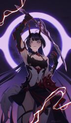 Rule 34 | 1girl, ahoge, arm up, armpits, black gloves, breasts, claw ring, commentary, english commentary, gloves, highres, holding, holding sword, holding weapon, honkai (series), honkai impact 3rd, horns, long hair, looking at viewer, purple eyes, purple hair, raiden mei, raiden mei (herrscher of thunder), small breasts, solo, sword, thighhighs, tsuume, very long hair, weapon, white thighhighs