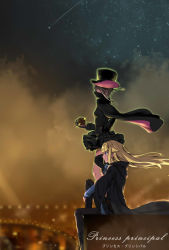 Rule 34 | 2girls, ange (princess principal), black cape, black footwear, black hat, black legwear, blonde hair, blue eyes, blurry, boots, breasts, brown hair, cape, cavorite ball, city lights, closed mouth, cloud, copyright name, depth of field, english text, from side, fur collar, gloves, glowing, hair flaps, hand on own hip, hat, highres, holding, hugging own legs, long hair, mask, mouth mask, multiple girls, night, outdoors, pantyhose, princess (princess principal), princess principal, profile, shooting star, sitting, sky, small breasts, smile, standing, star (sky), tendo (zhazhatiantong), top hat, wind
