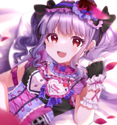 Rule 34 | 1girl, absurdres, bang dream!, choker, curly hair, dress, fang, fingerless gloves, frilled dress, frills, gloves, happy birthday, headdress, highres, looking at viewer, lying, on back, on bed, open mouth, petals, purple hair, red eyes, sidelocks, smile, solo, twintails, udagawa ako, umiusagi mimi, upper body, wrist cuffs