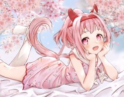 Rule 34 | animal ears, bed sheet, blue sky, blush, bow, breasts, character name, cherry blossoms, commentary request, dress, eyebrows, flower-shaped pupils, hair bow, hairband, haru urara (umamusume), hello kitty, hello kitty (character), highres, horse ears, horse girl, horse tail, leg up, long hair, looking at viewer, lying, medium breasts, neckerchief, on stomach, open mouth, petals, pink dress, pink eyes, pink hair, ponytail, print dress, sanrio, sky, smile, socks, solo, symbol-shaped pupils, tail, tanuki maisnam, umamusume, white neckerchief, white socks