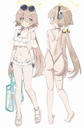 1girl animal_ears ass bag bare_back bikini blue_archive blush cow_ears eyewear_on_head fake_animal_ears frilled_bikini frills halo halterneck hifumi_(blue_archive) hifumi_(swimsuit)_(blue_archive) highres holding holding_bag light_brown_hair long_hair looking_at_viewer low_twintails multiple_views navel nemo_(leafnight) official_alternate_costume sandals side-tie_bikini_bottom simple_background standing sunglasses swimsuit thong_bikini twintails very_long_hair white_background white_bikini white_footwear yellow_eyes