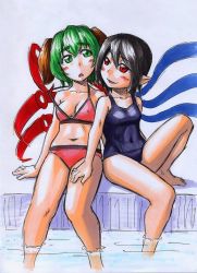 Rule 34 | 2girls, animal ears, asymmetrical wings, barefoot, bikini, bikini pull, black hair, blush, clothes pull, female focus, green eyes, green hair, hand on another&#039;s thigh, hand on thigh, houjuu nue, kasodani kyouko, kawachi koorogi, multiple girls, navel, one-piece swimsuit, pointy ears, pulling another&#039;s clothes, red eyes, school swimsuit, sitting, sketch, smile, soaking feet, swimsuit, touhou, traditional media, water, wings, yuri