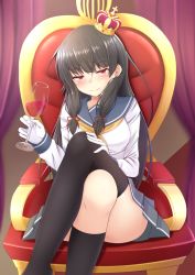 Rule 34 | 10s, 1girl, artoria pendragon (all), artoria pendragon (fate), asymmetrical legwear, black hair, black socks, breasts, chair, commentary request, crossed legs, crown, cup, doyachii, drinking glass, fate (series), gloves, hair ribbon, highres, holding, holding cup, holding drinking glass, isokaze (kancolle), kantai collection, kawasumi ayako, kneehighs, long hair, long sleeves, looking at viewer, medium breasts, mini crown, neckerchief, pleated skirt, red eyes, ribbon, saber (fate), school uniform, serafuku, single kneehigh, single sock, single thighhigh, sitting, skirt, socks, thighhighs, throne, tress ribbon, uneven legwear, voice actor connection, white gloves, wine glass