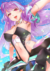 Rule 34 | 1girl, :d, armpits, blue hair, blush, breasts, cleavage, cleavage cutout, clothing cutout, confetti, congratulations, highres, idol clothes, long hair, looking at viewer, macross, macross delta, medium breasts, mikumo guynemer, multicolored hair, navel, open mouth, purple hair, red eyes, sasanoneko, skirt, smile, solo, two-tone hair, very long hair