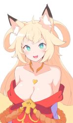 Rule 34 | + +, 1girl, :d, ahoge, animal ear fluff, animal ears, blonde hair, blush, breasts, cleavage, commentary, english commentary, fang, fox ears, green eyes, hair rings, highres, inaho (world flipper), jalm, japanese clothes, kimono, large breasts, looking at viewer, open mouth, red kimono, simple background, smile, solo, upper body, white background, world flipper