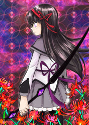 Rule 34 | 1girl, abstract background, akemi homura, back bow, black hair, black pantyhose, black shirt, blouse, bow, bow (weapon), cowboy shot, flower, frilled skirt, frills, from behind, grey skirt, hair between eyes, hair ornament, hair ribbon, highres, holding, holding bow (weapon), holding weapon, jitome, long hair, long sleeves, looking to the side, magical girl, mahou shoujo madoka magica, mahou shoujo madoka magica (anime), mahou shoujo madoka magica movie 1 &amp; 2, pantyhose, pleated skirt, purple bow, red eyes, red flower, red ribbon, ribbon, shirt, skirt, solo, spider lily, tagme, tsurime, user huap8437, vest, weapon, white vest, witch&#039;s labyrinth
