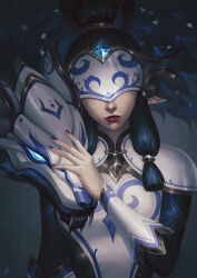 Rule 34 | 1girl, 1other, absurdres, armor, black hair, blue nails, covered eyes, dark background, eye mask, fangs, glowing, glowing eyes, hand on another&#039;s head, high ponytail, highres, kgynh, kindred (league of legends), lamb (league of legends), league of legends, long hair, long sleeves, monster, pointy ears, porcelain kindred, red lips, shoulder armor, upper body, wolf (league of legends)