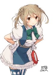 Rule 34 | 1girl, apron, belt, blue dress, blue thighhighs, bow, bowtie, checkered apron, checkered clothes, checkered legwear, checkered skirt, checkered thighhighs, dated, double bun, dress, green bow, green bowtie, hair between eyes, hair bun, highres, kantai collection, light brown hair, looking at viewer, michishio (kancolle), official alternate costume, owa (ishtail), puffy short sleeves, puffy sleeves, short sleeves, short twintails, skirt, solo, thighhighs, twintails, twitter username, two-tone dress, white dress, white thighhighs, yellow eyes